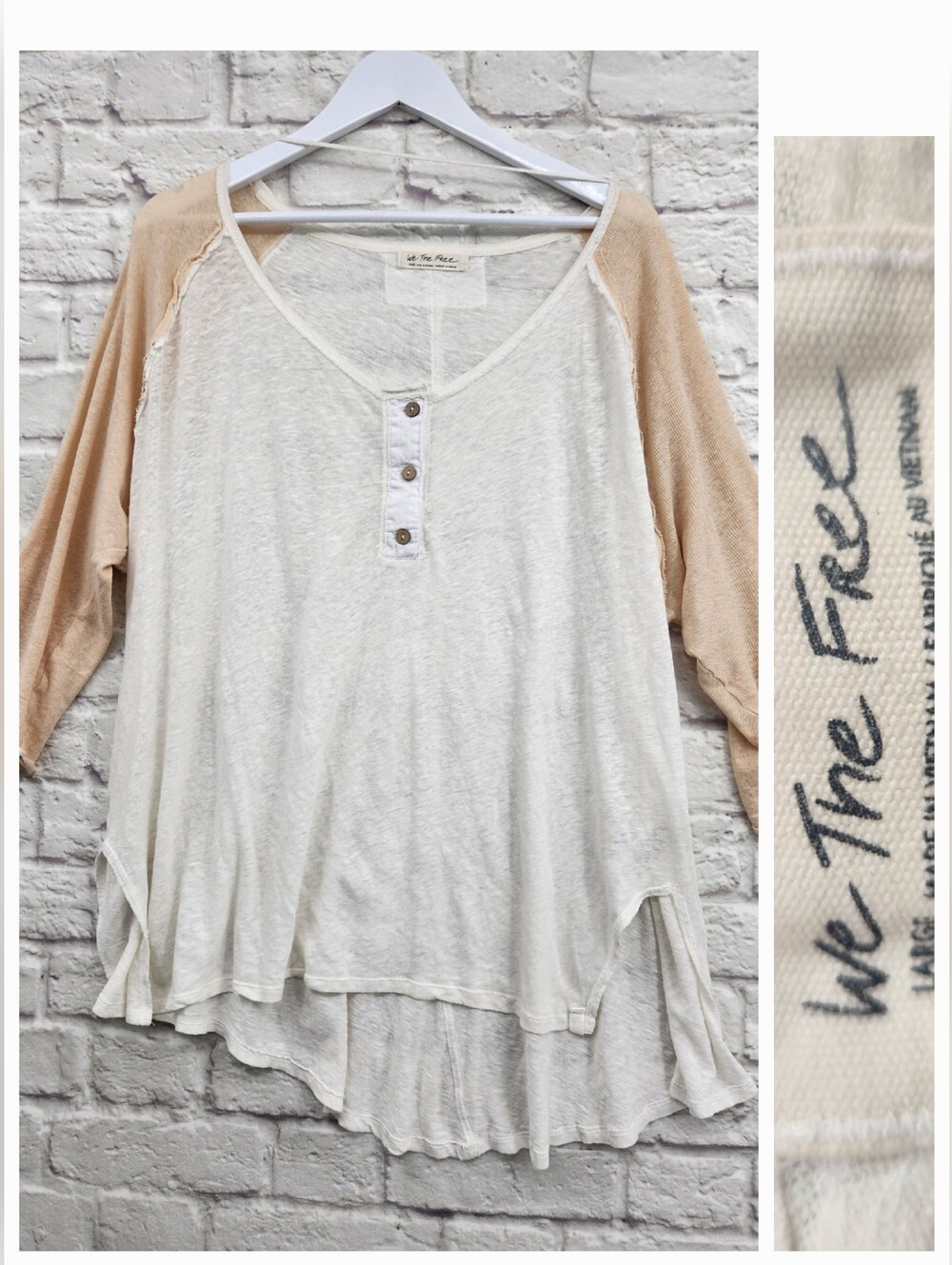 Free People We The Free Flax Linen Blend Henley Top Size Large Boho Neutral